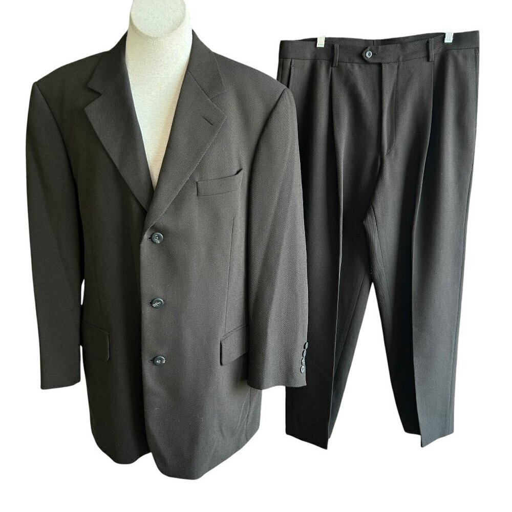 Expert by Evergreen Brown Twill Wool Suit 3 Button Blazer Pleated Pants 42/36